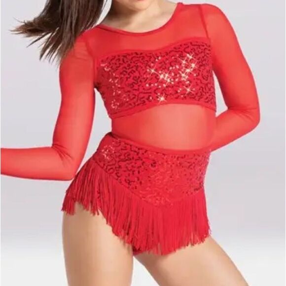 WEISSMAN Elite Dance Costume red fringe Tell Me You Love Me SQ13193 LC child - Picture 1 of 10